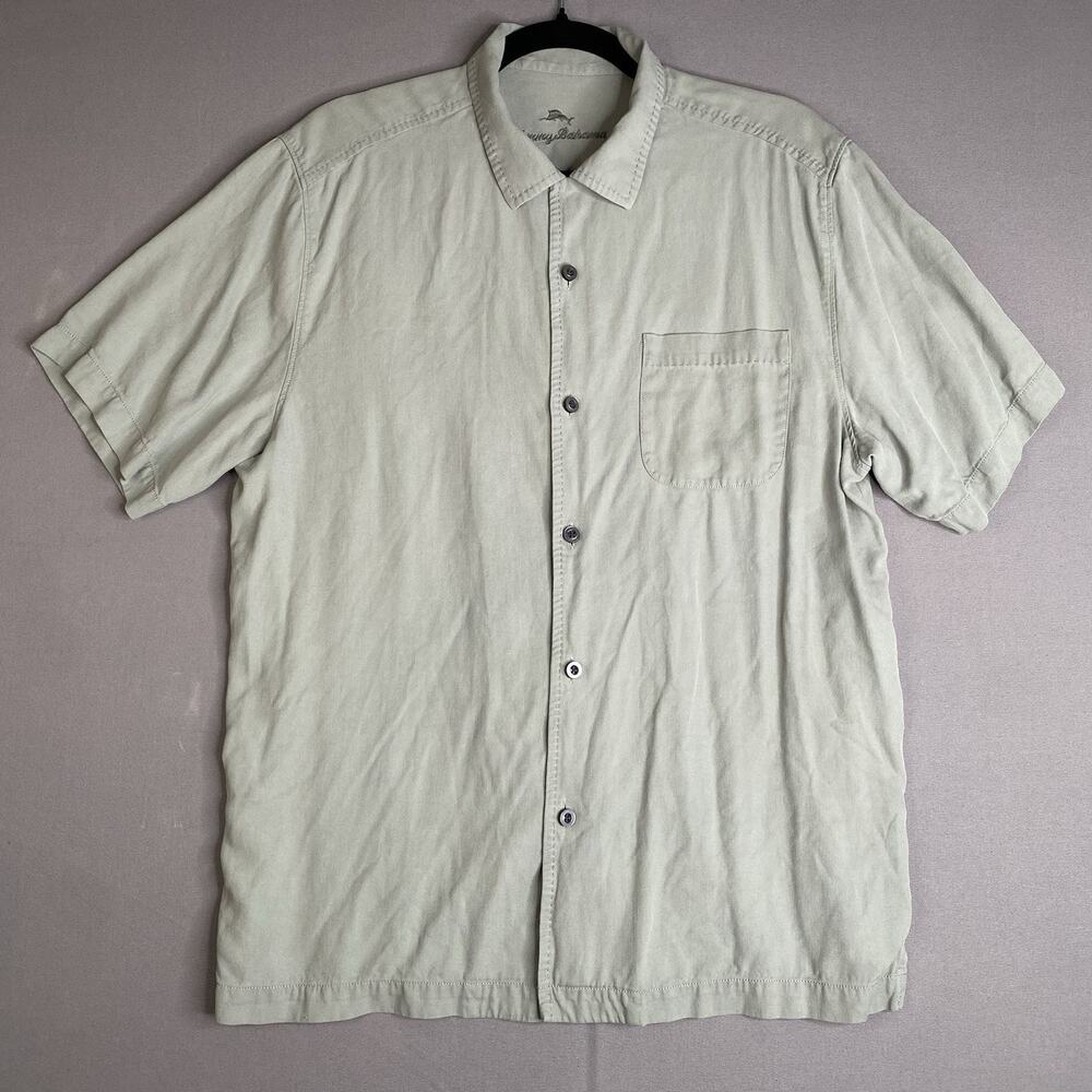 Tommy Bahama Shirt Men’s Medium Solid Green 100% Silk Button Down Camp Style